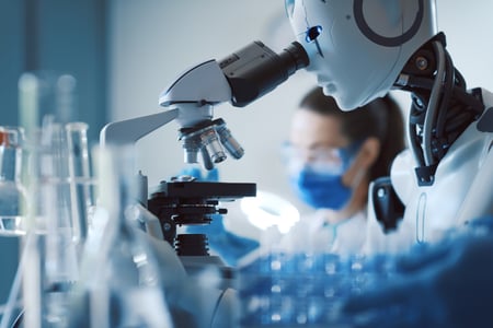 Scientist and humanoid robot working together in the science lab